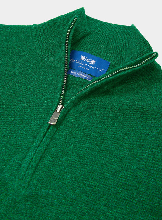 Men’s cashmere quarter zip jumper in Grass.