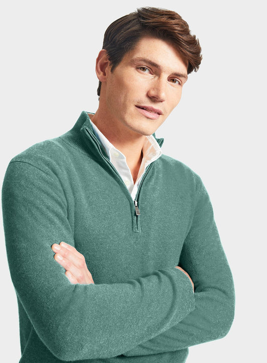 Men’s cashmere quarter zip jumper in Green.