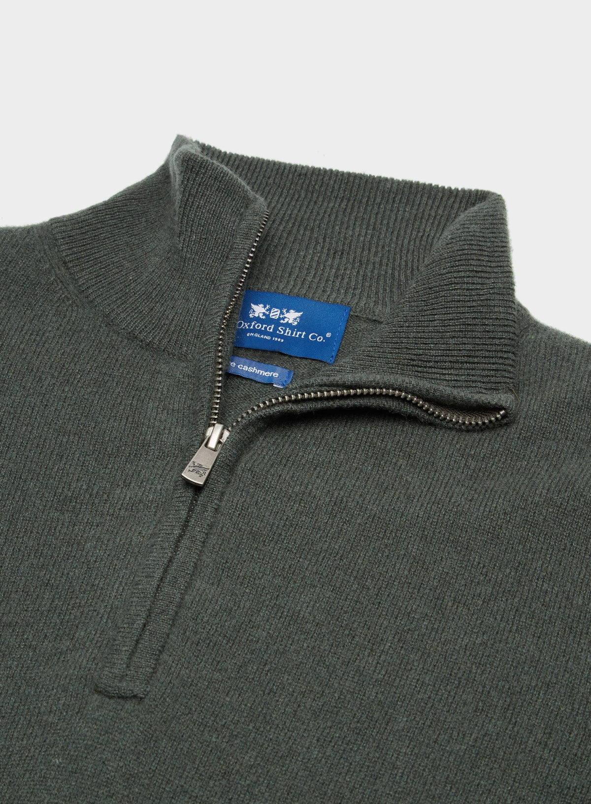 Men’s cashmere quarter zip jumper in Highland Green.