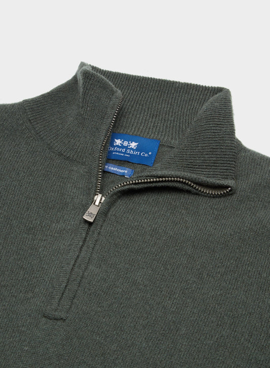 Men’s cashmere quarter zip jumper in Highland Green.