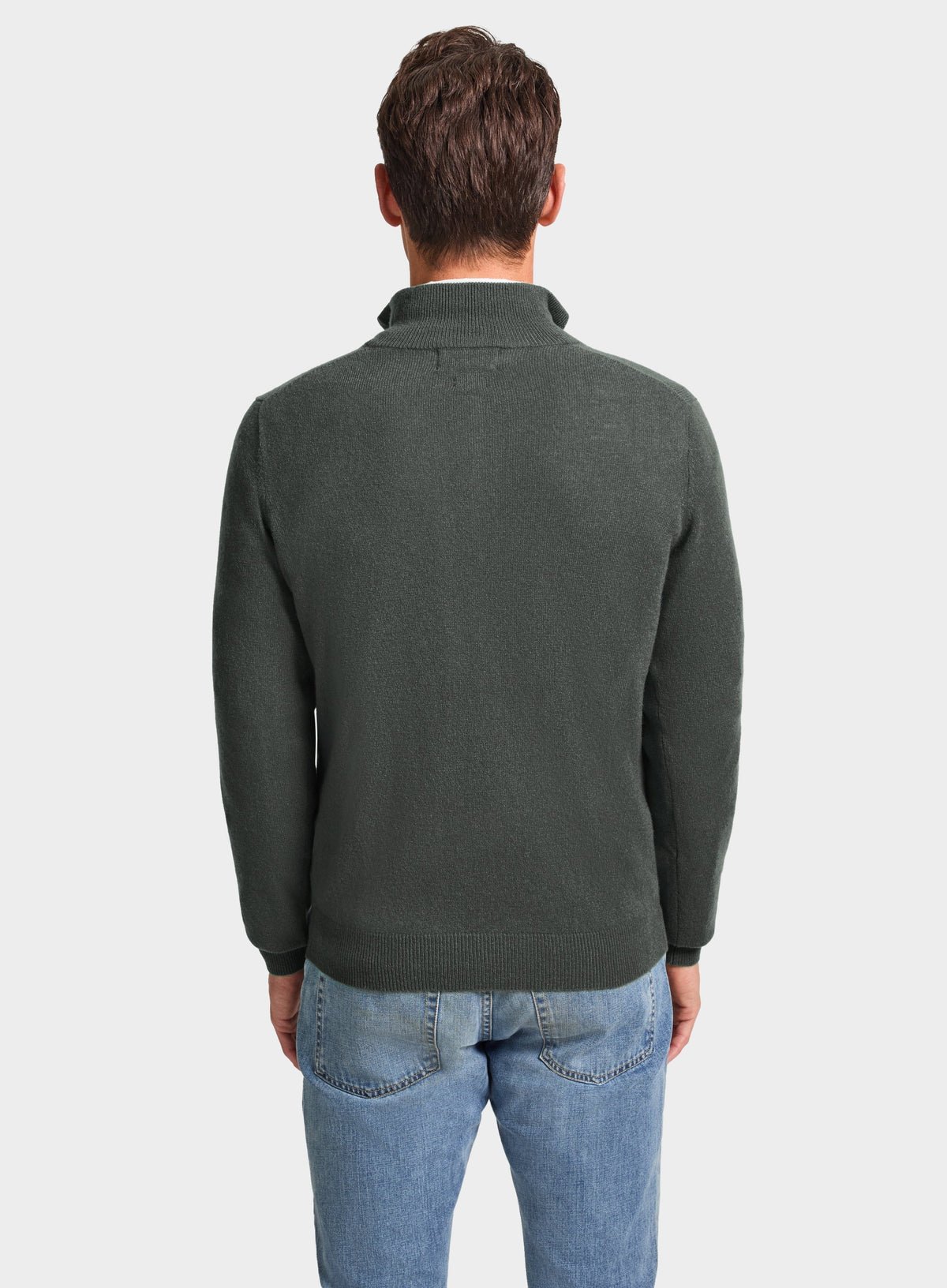Men’s cashmere quarter zip jumper in Highland Green.