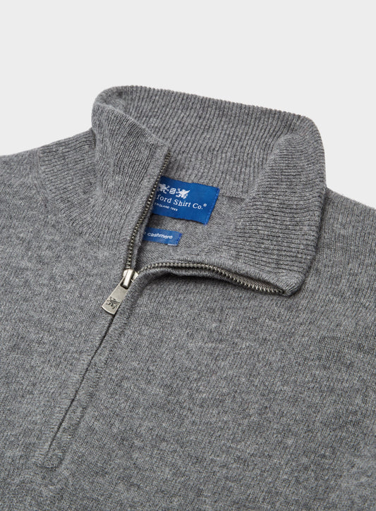 Men’s cashmere quarter zip jumper in Mid Grey.
