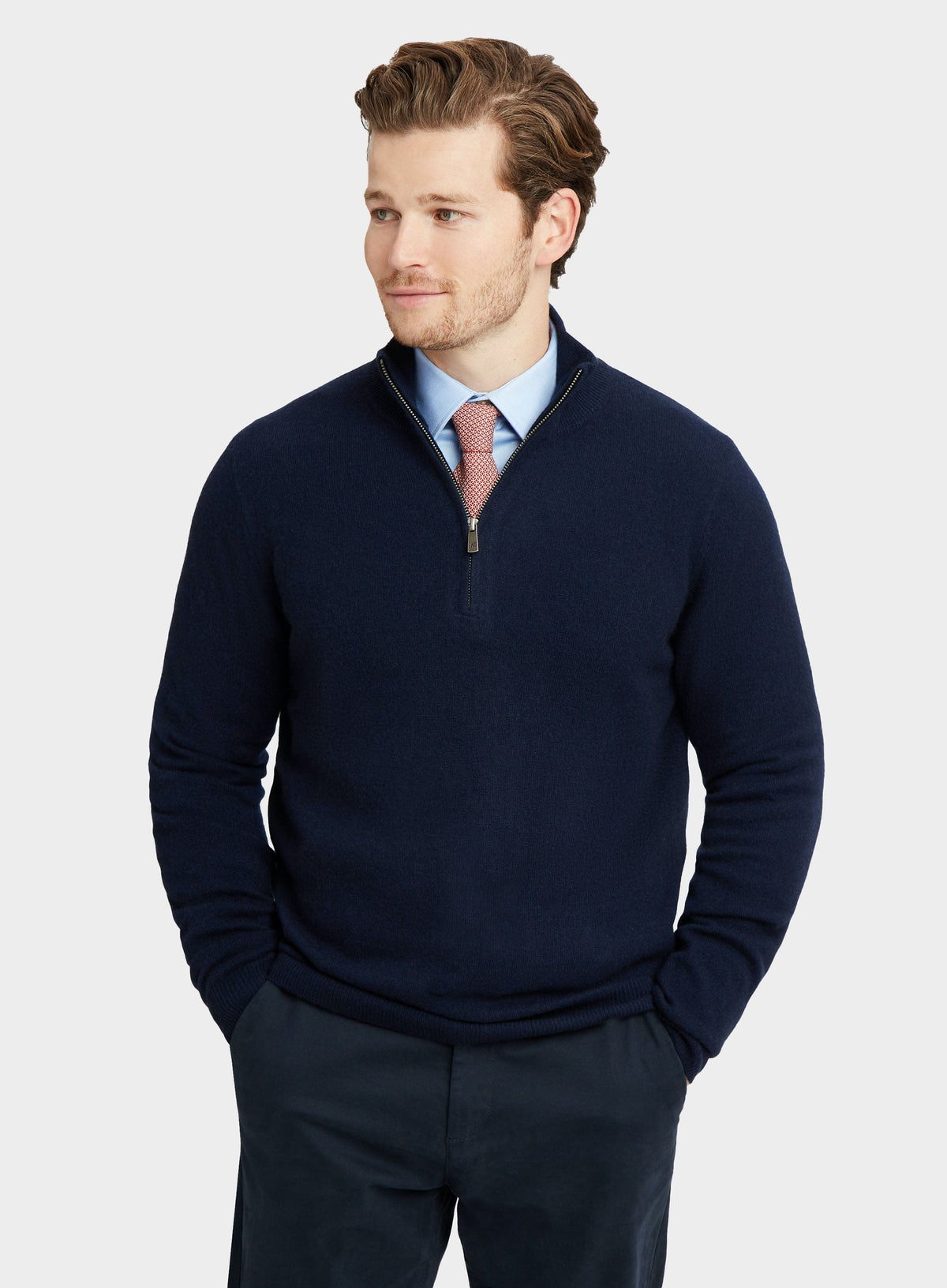Men’s cashmere quarter zip jumper in Navy.
