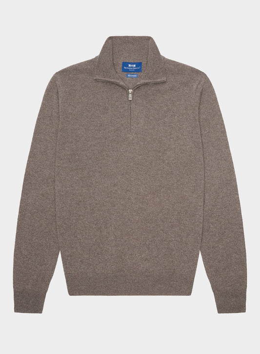 Men’s cashmere quarter zip jumper in Otter.