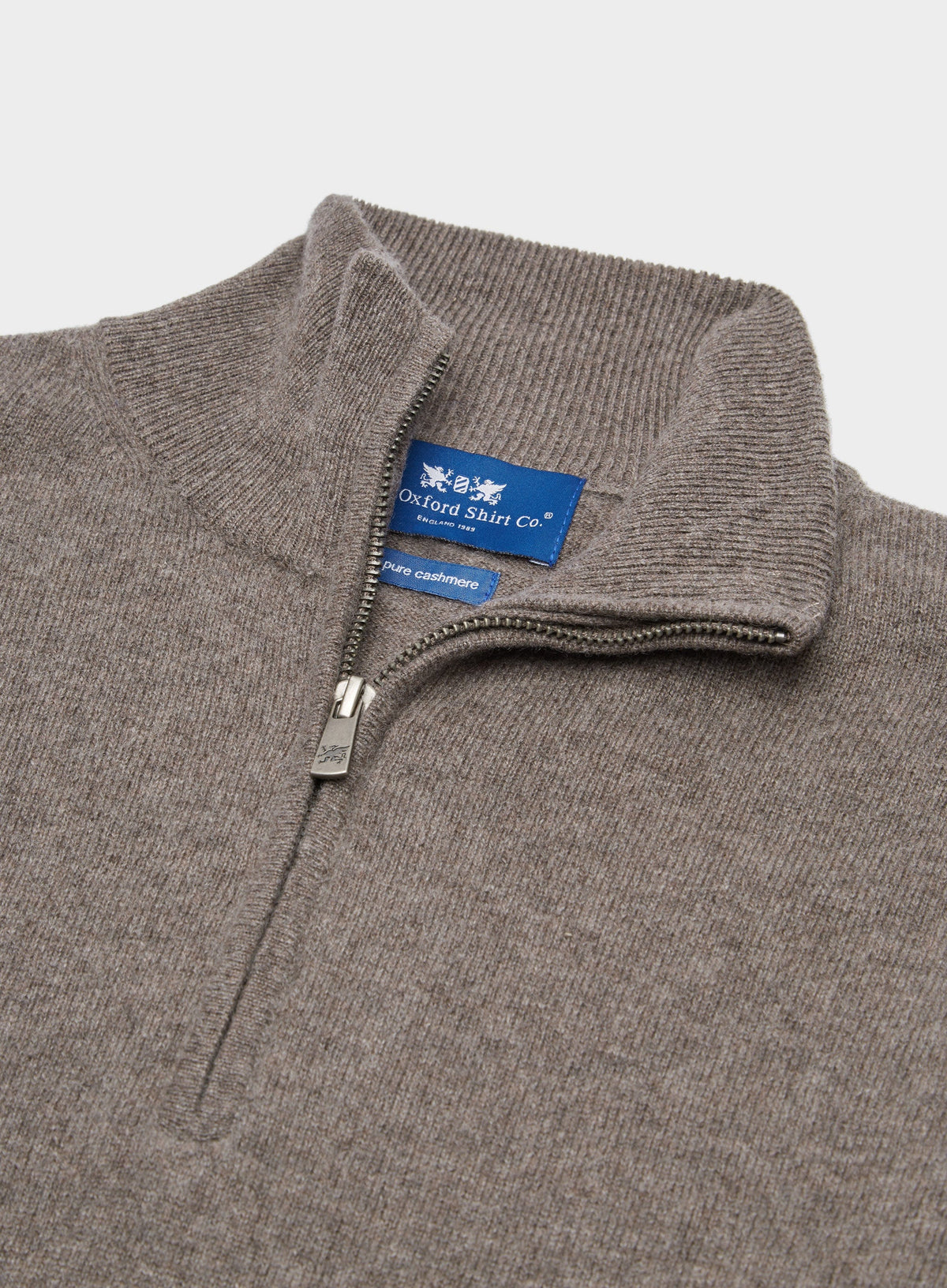 Men’s cashmere quarter zip jumper in Otter.