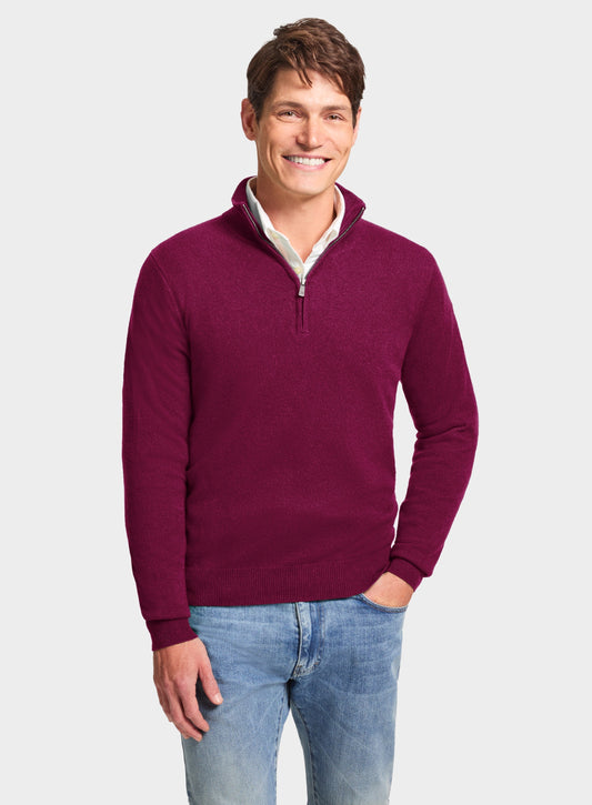 Men’s cashmere quarter zip jumper in Raspberry.