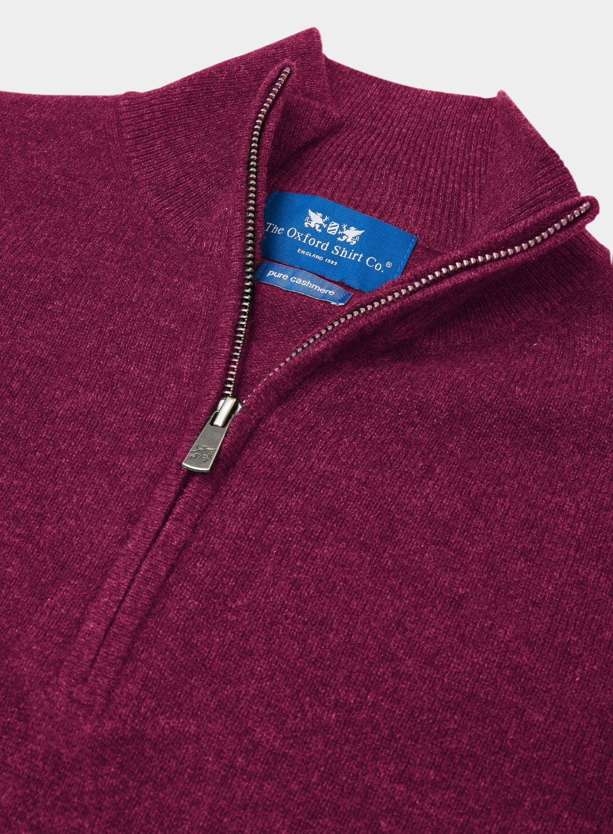 Men’s cashmere quarter zip jumper in Raspberry.