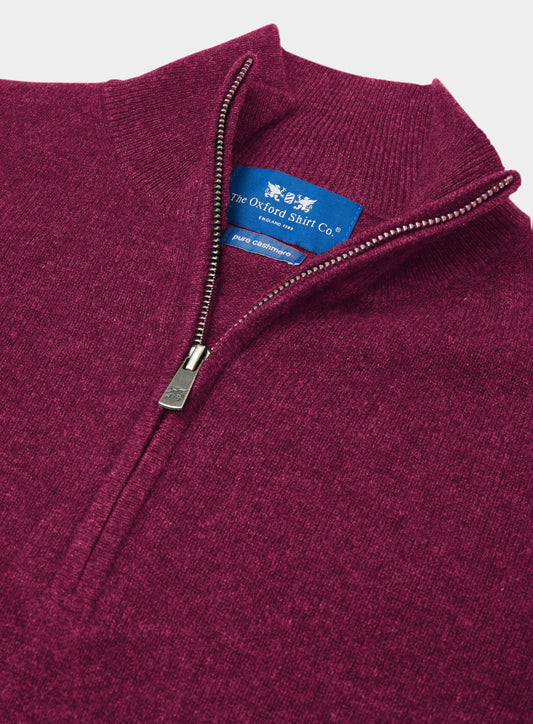 Men’s cashmere quarter zip jumper in Raspberry.