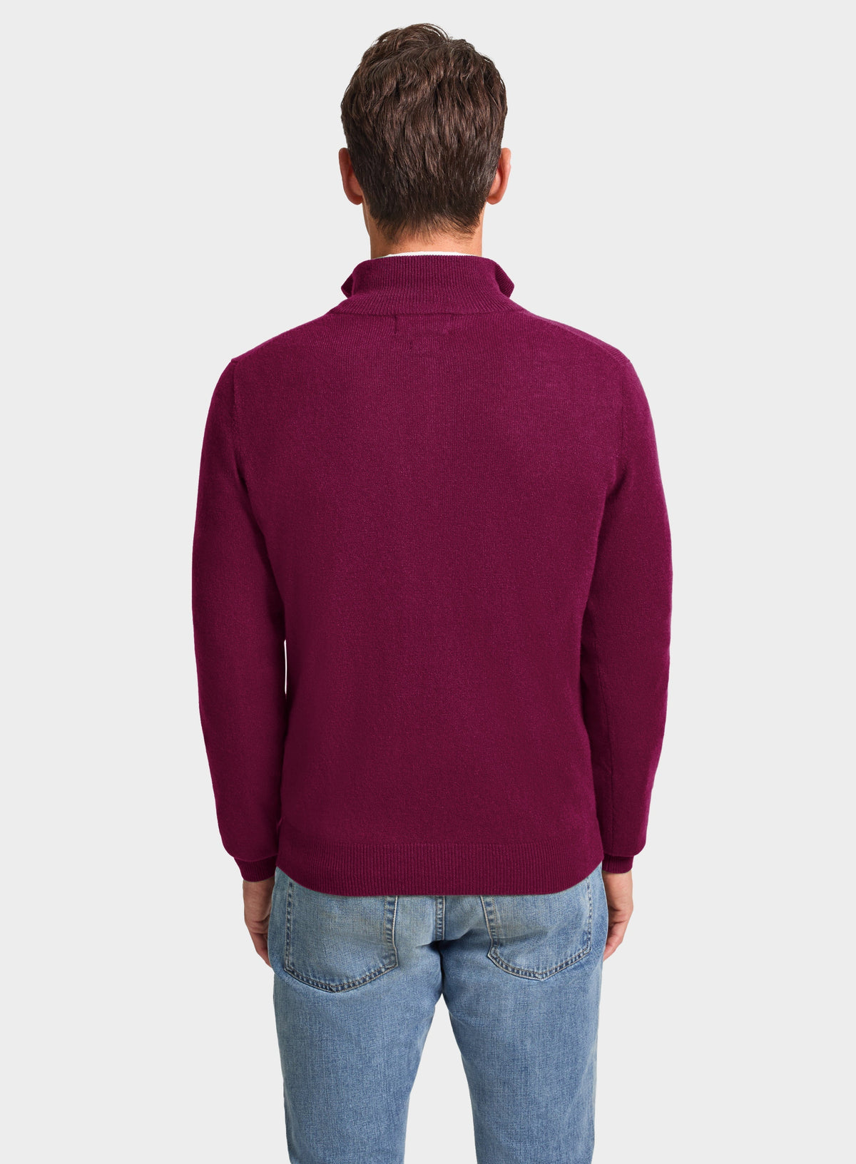 Men’s cashmere quarter zip jumper in Raspberry.
