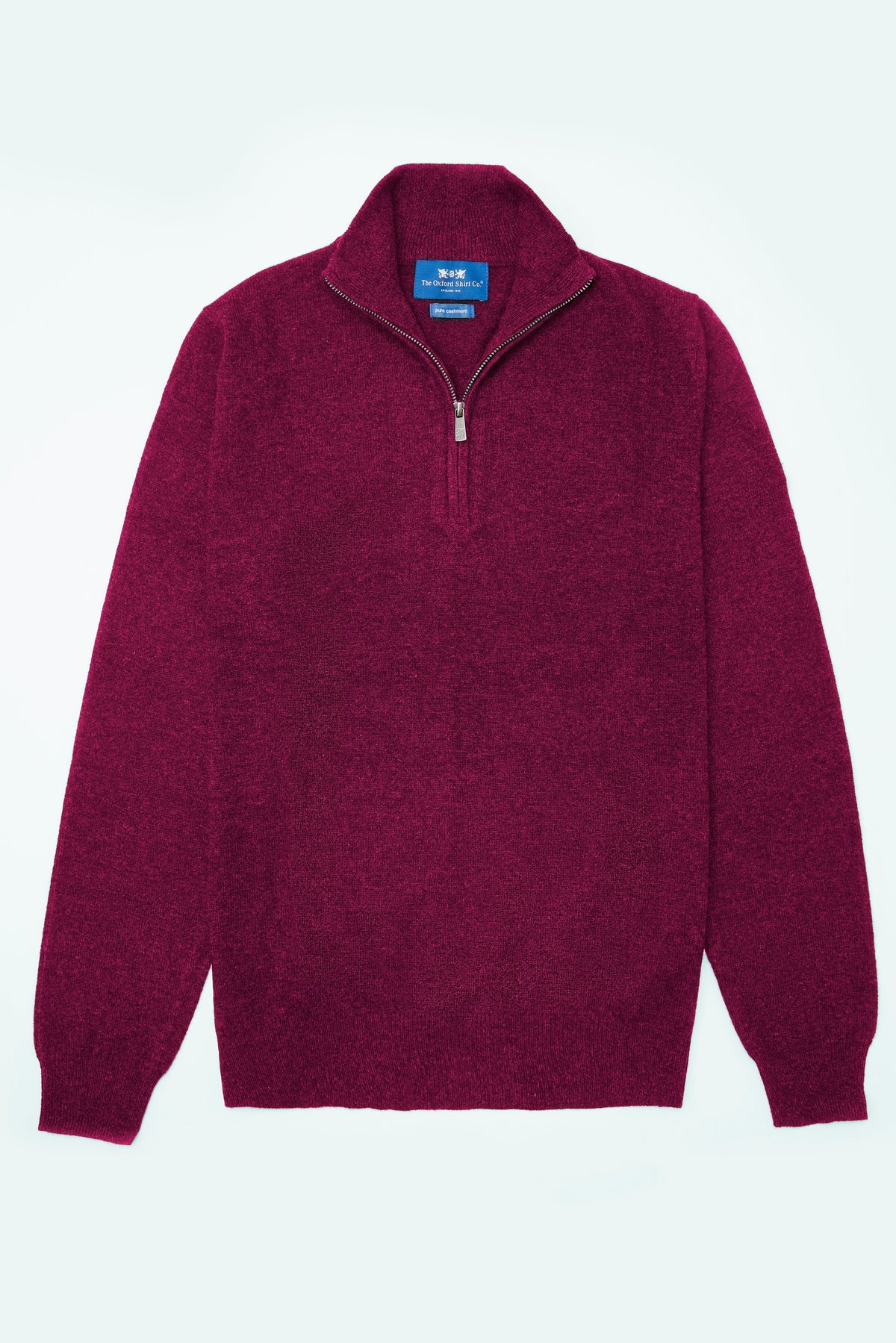 Men’s cashmere quarter zip jumper in Raspberry.