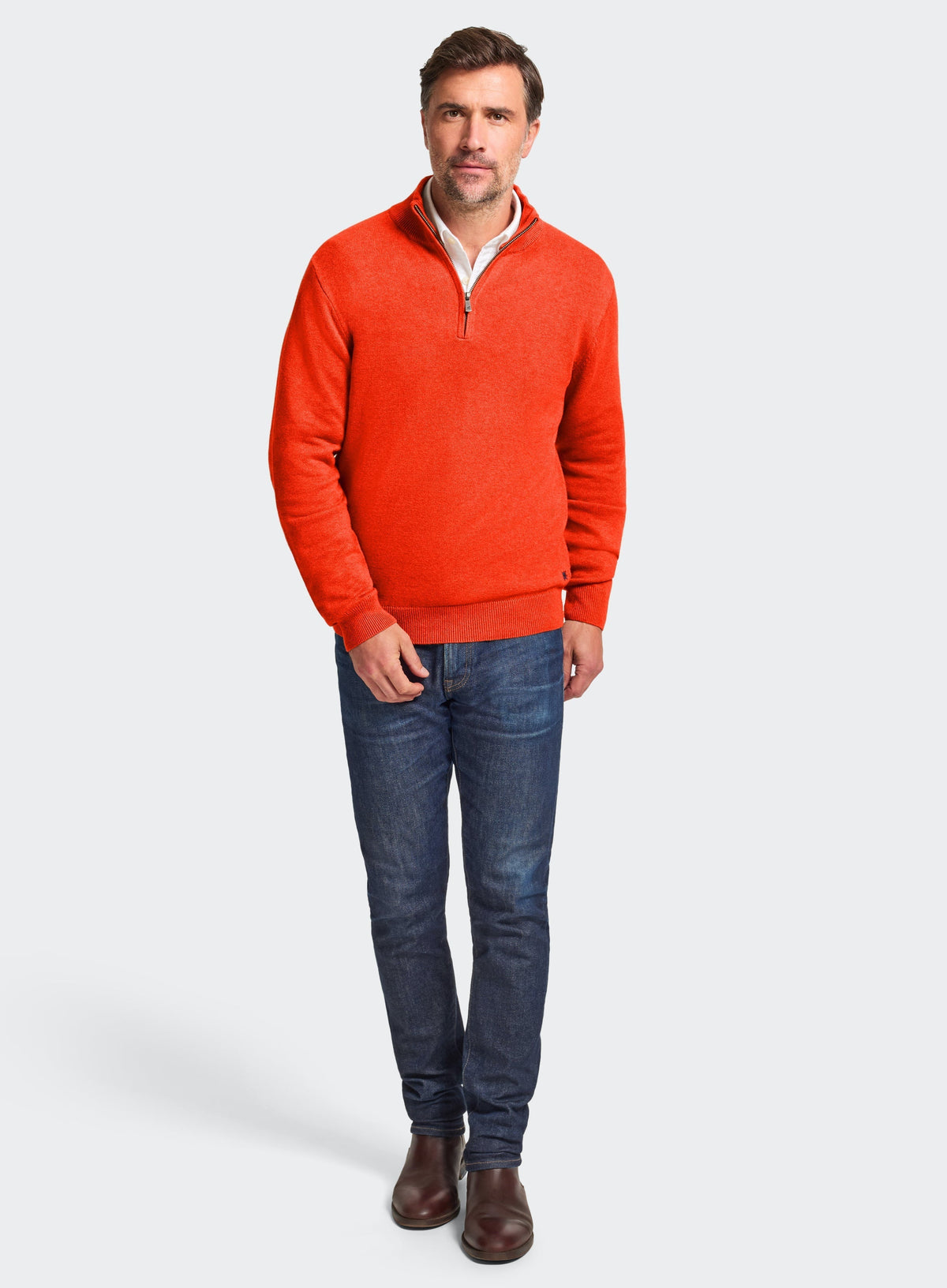 Men’s cashmere quarter zip jumper in Rust.