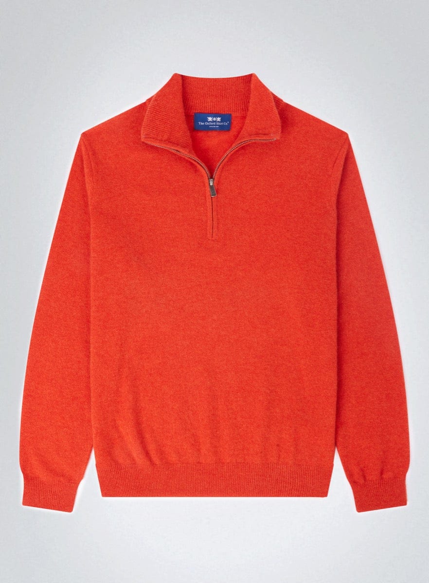 Men’s cashmere quarter zip jumper in Rust.