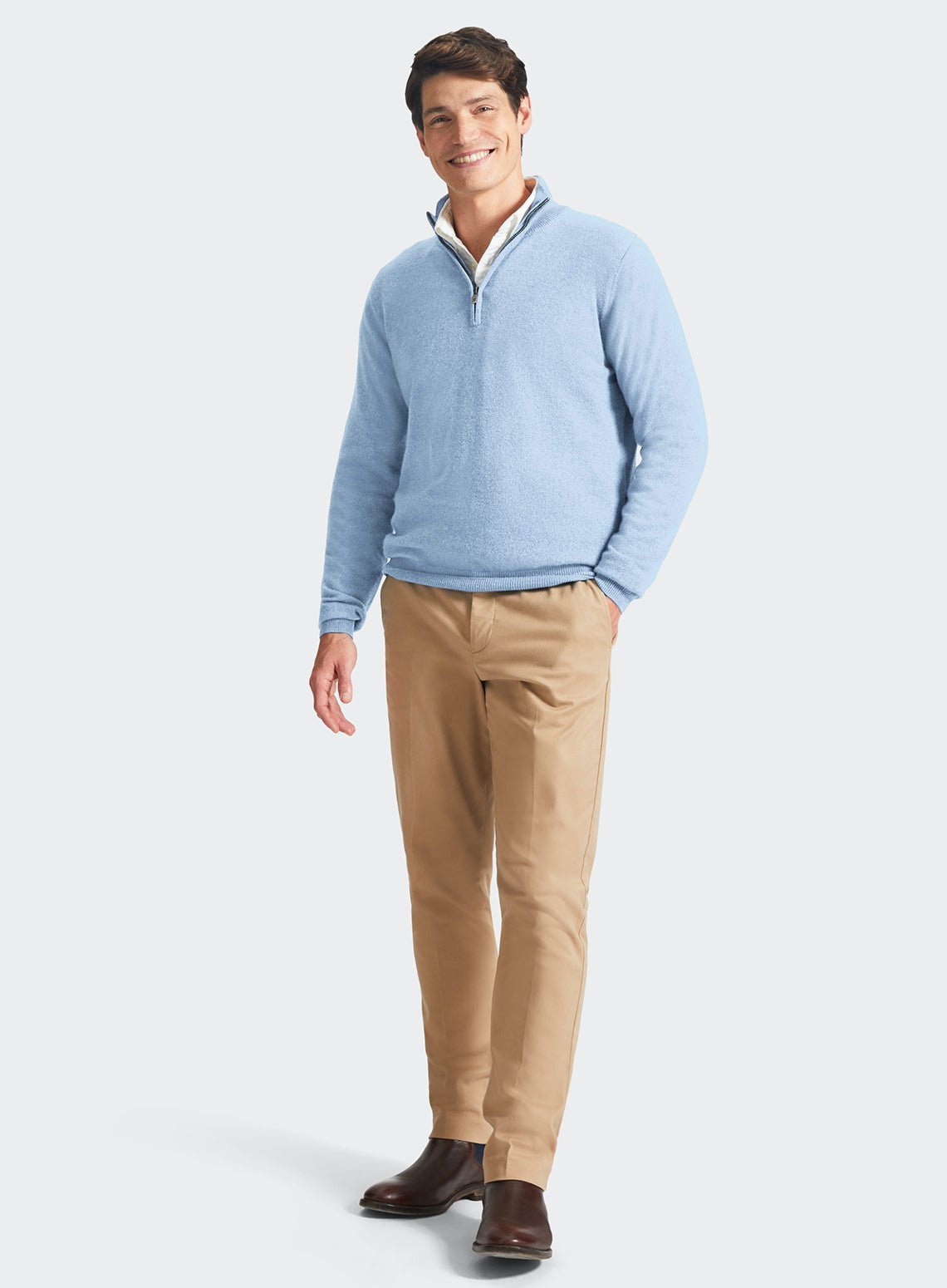 Men’s cashmere quarter zip jumper in Sky.