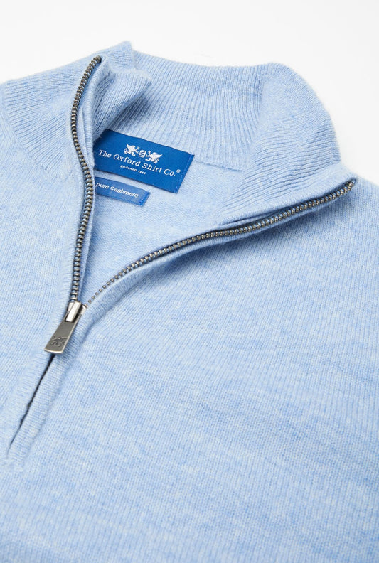 Men’s cashmere quarter zip jumper in Sky.