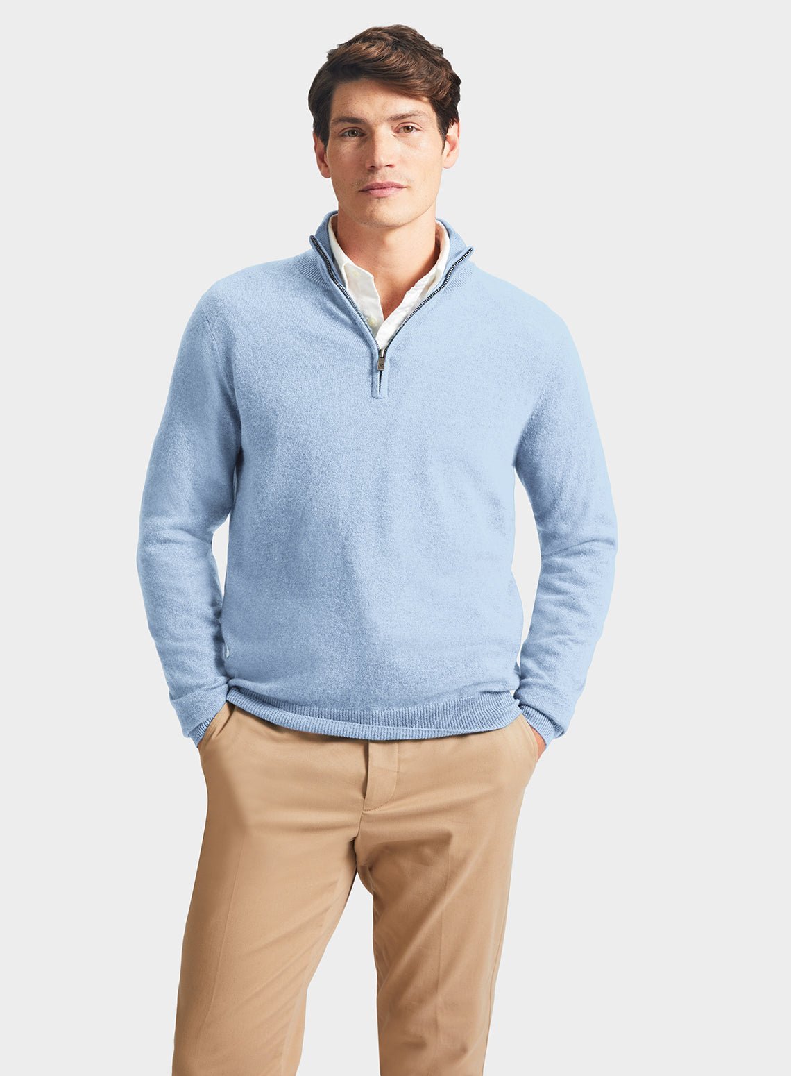 Men’s cashmere quarter zip jumper in Sky.