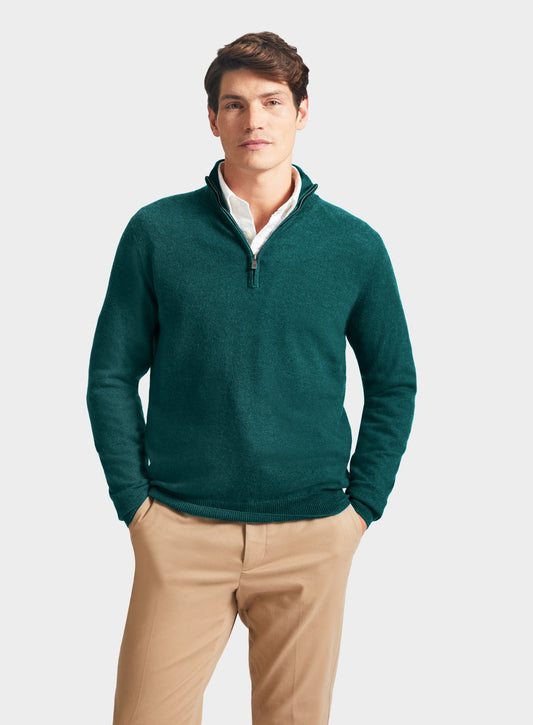 Men’s cashmere quarter zip jumper in Teal.