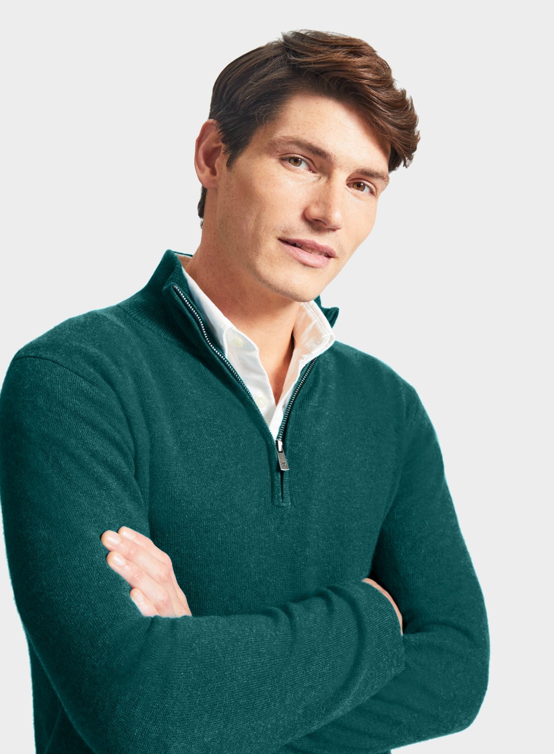 Men’s cashmere quarter zip jumper in Teal.