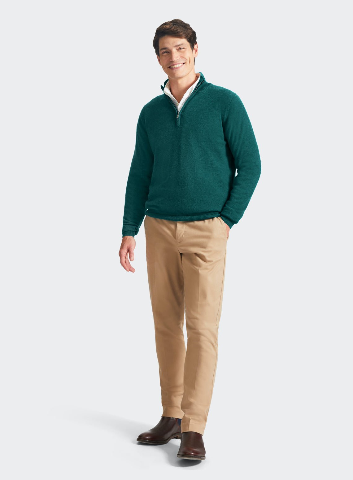 Men’s cashmere quarter zip jumper in Teal.