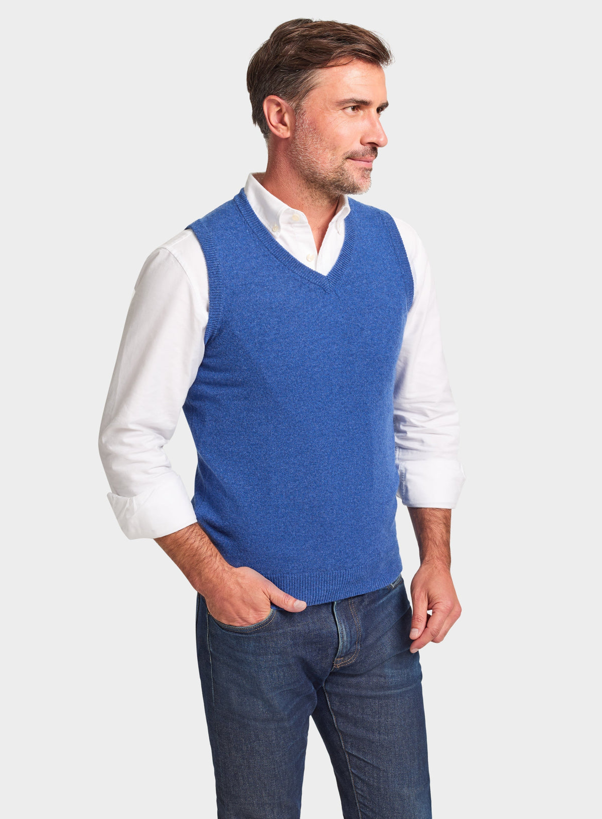 Men’s cashmere sleeveless vest in Bright Blue.