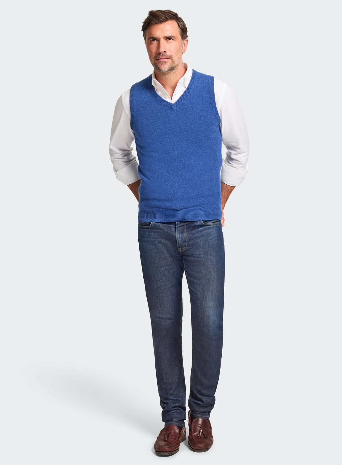 Men’s cashmere sleeveless vest in Bright Blue.