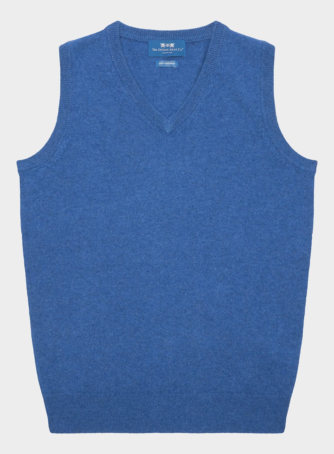 Men’s cashmere sleeveless vest in Denim.