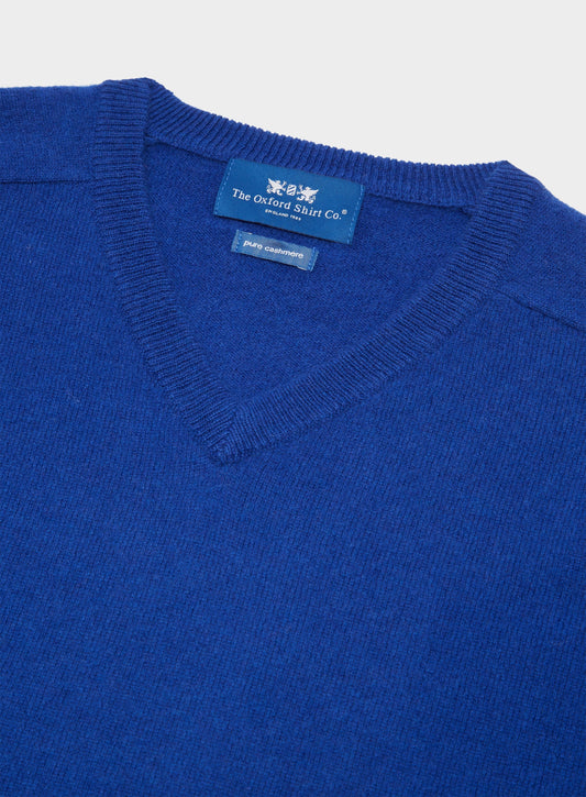 Men’s cashmere v neck jumper in Bright Blue.