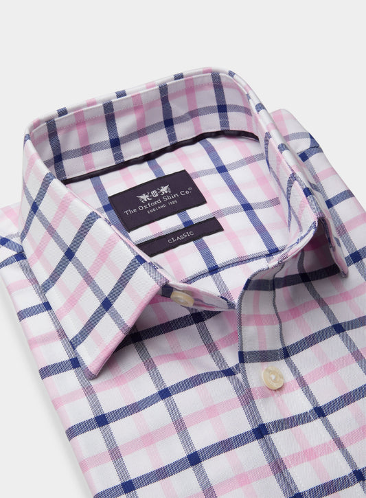 Men’s classic shirt in Navy and Pink Check.