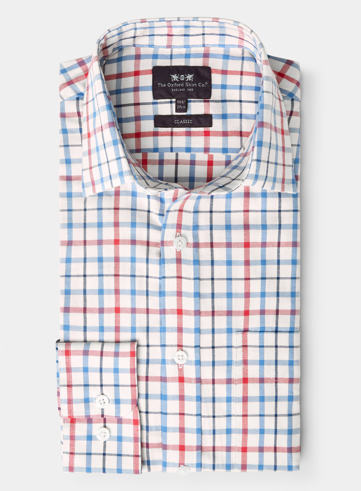 Men’s classic tattersall shirt in Red and Blue Check.