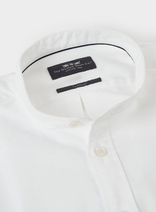 Men’s collarless Oxford shirt in White.