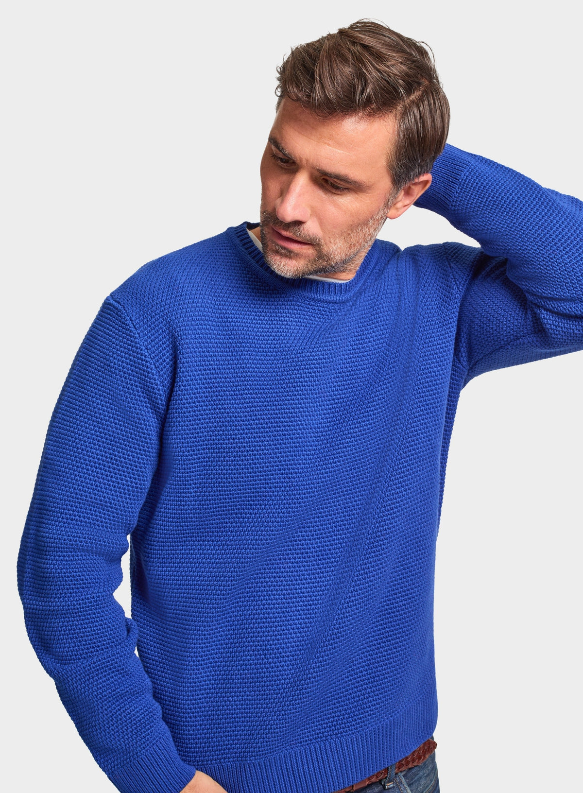 Men’s cotton blackberry crew neck jumper in Blue.
