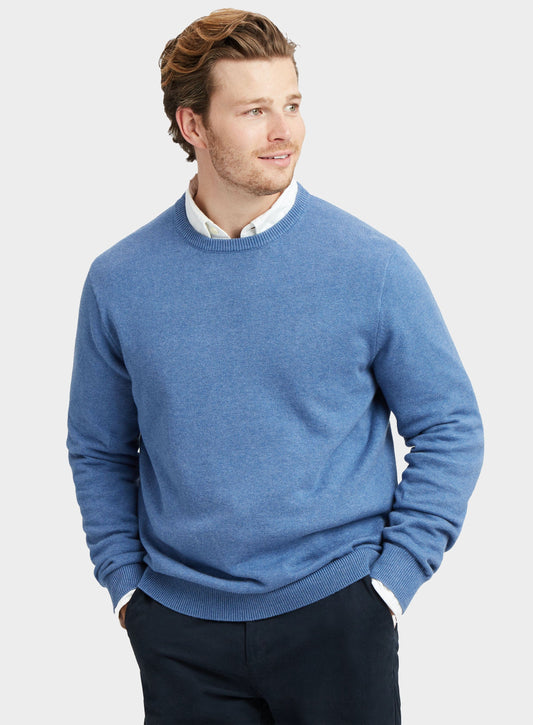 Men’s cotton cashmere crew neck jumper in Harbour Blue.