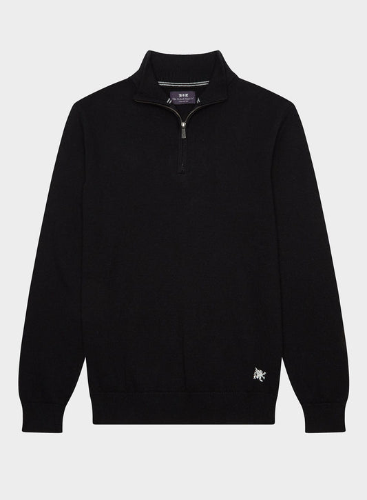 Men’s cotton cashmere quarter zip jumper in Black.