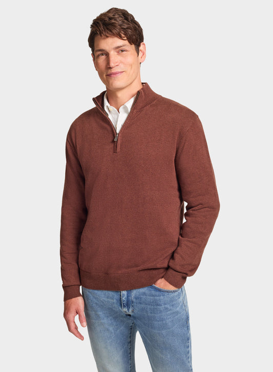 Men’s cotton cashmere quarter zip jumper in Brown.