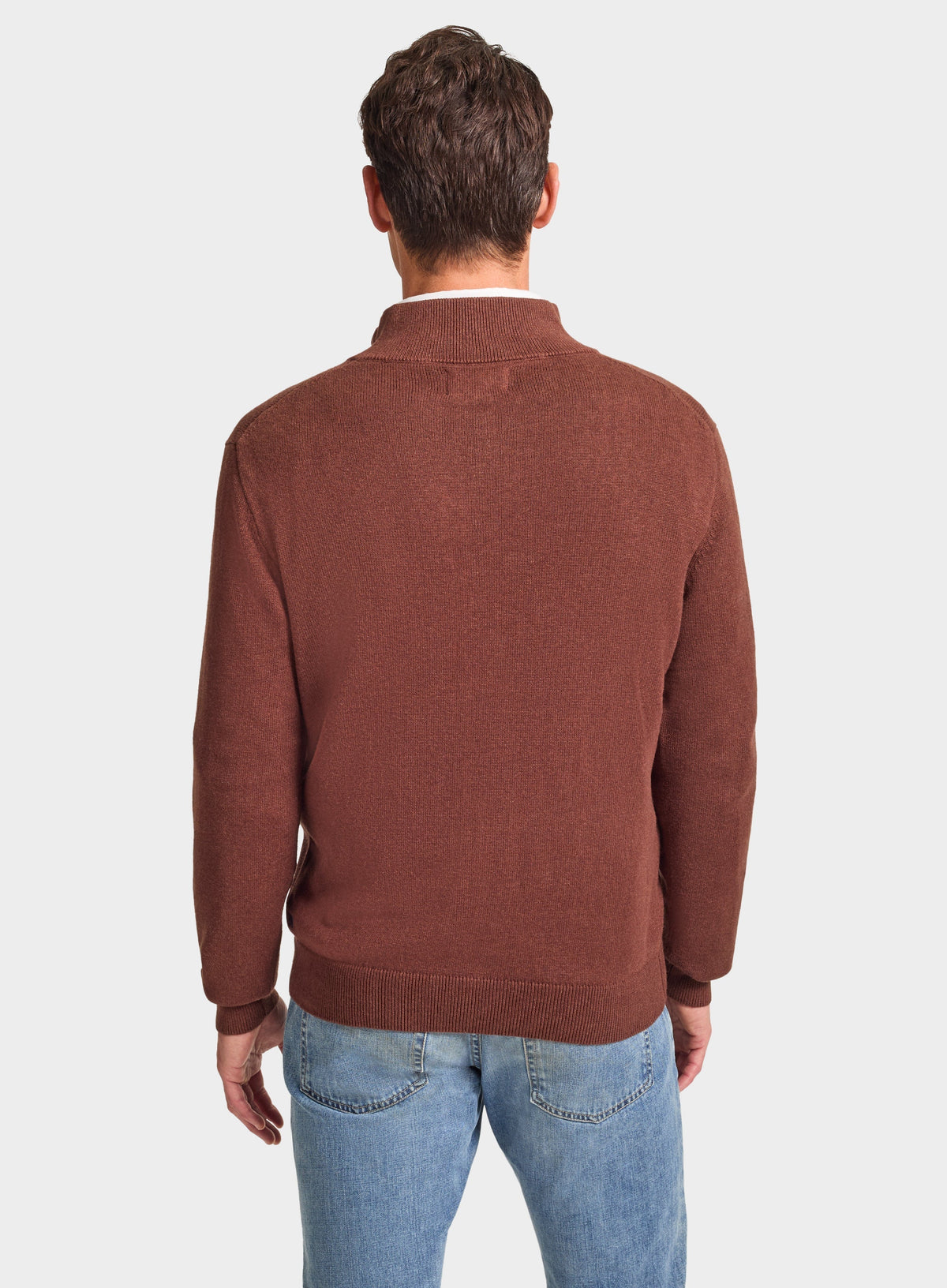 Men’s cotton cashmere quarter zip jumper in Brown.