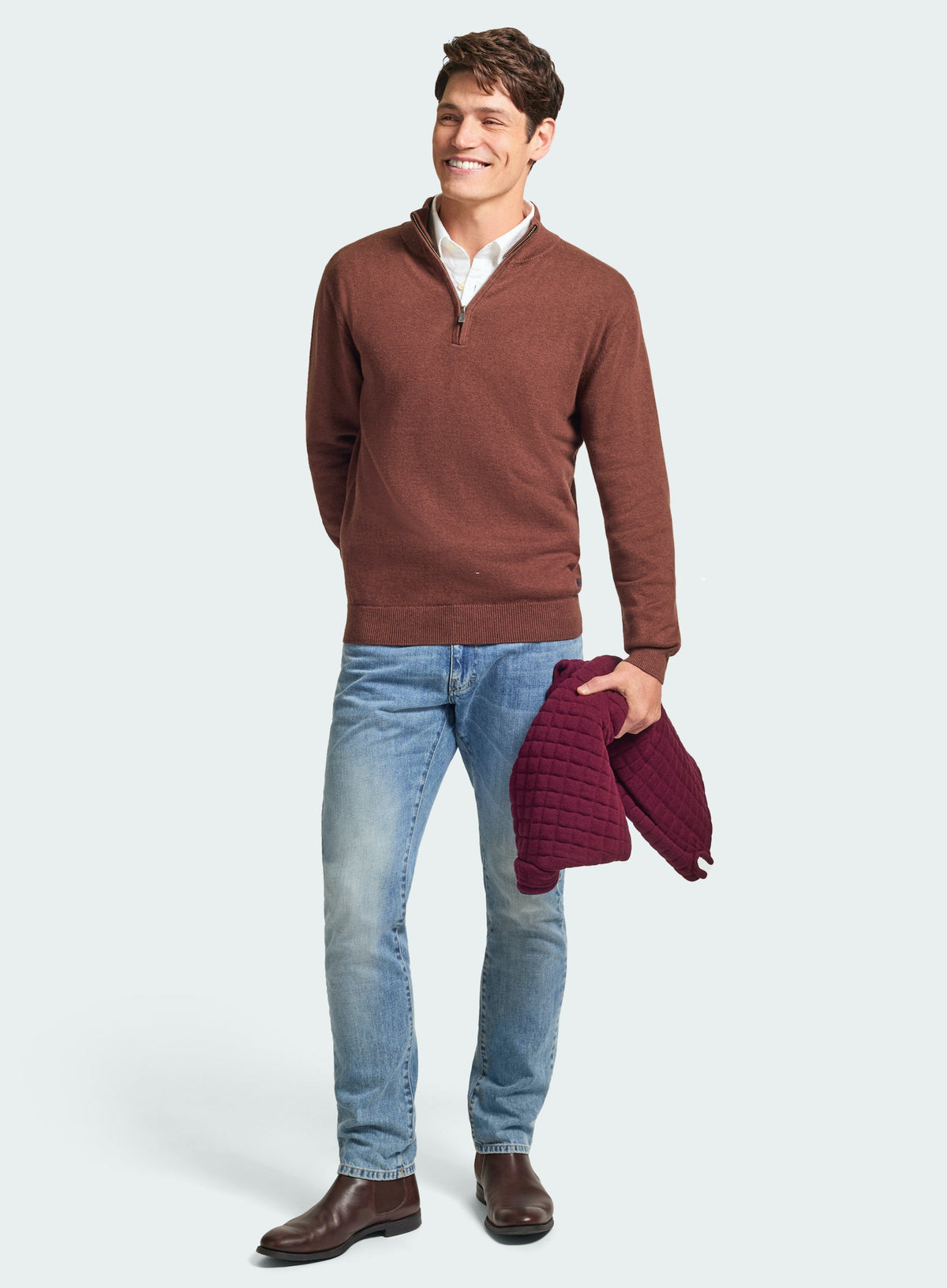 Men’s cotton cashmere quarter zip jumper in Brown.