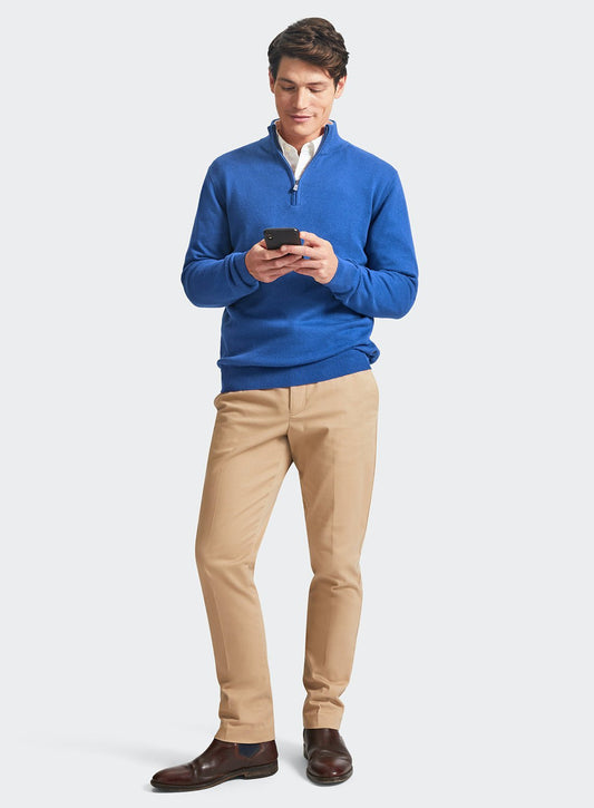 Men’s cotton cashmere quarter zip jumper in Cornflower.