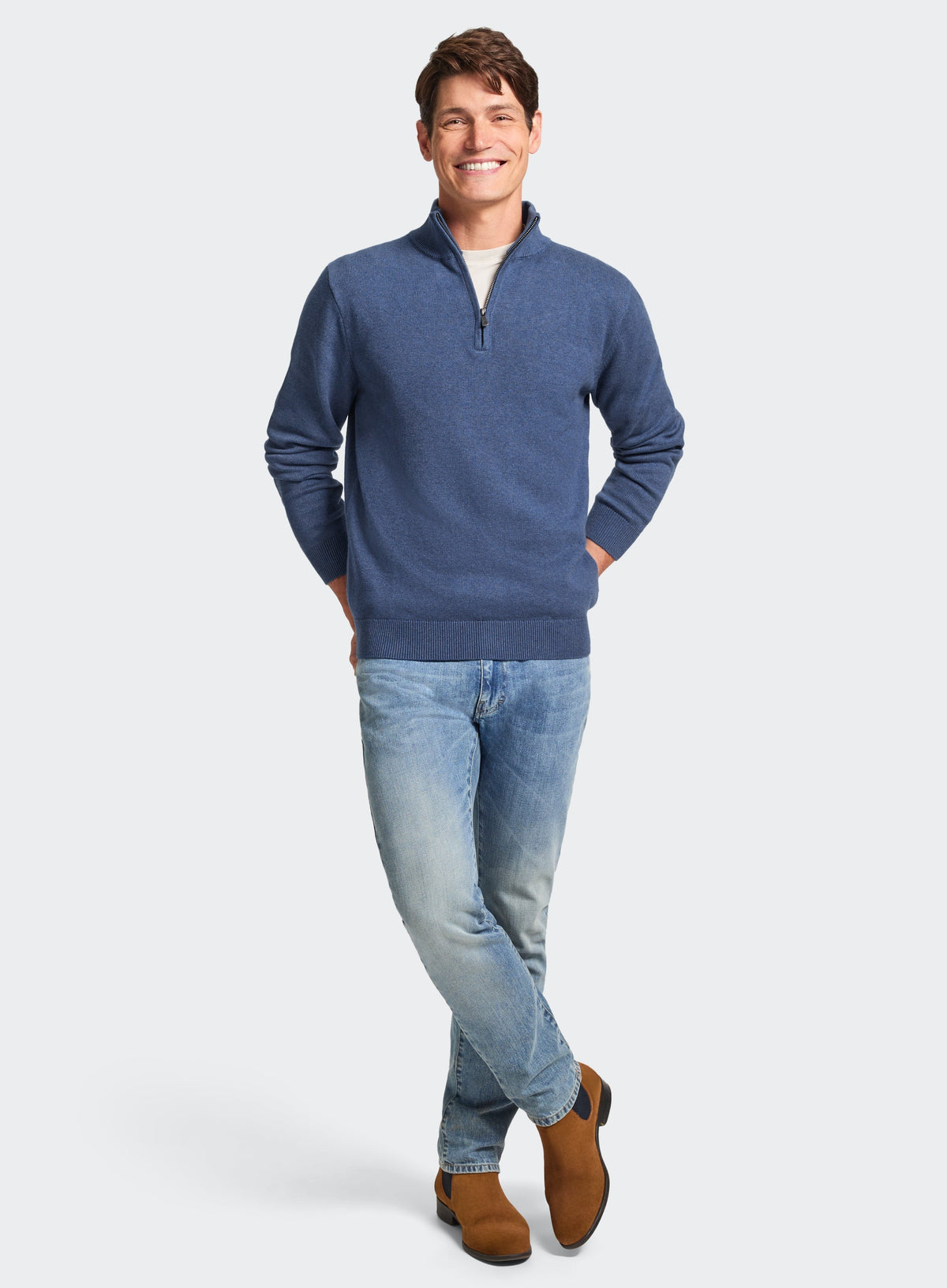 Men’s cotton cashmere quarter zip jumper in Denim.