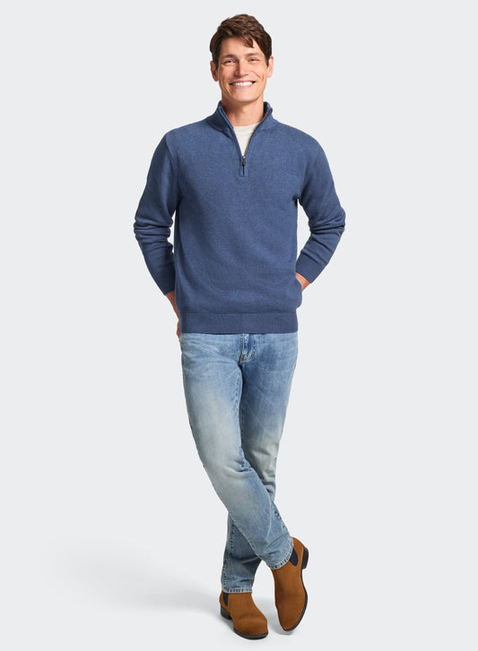 Men’s cotton cashmere quarter zip jumper in Denim.