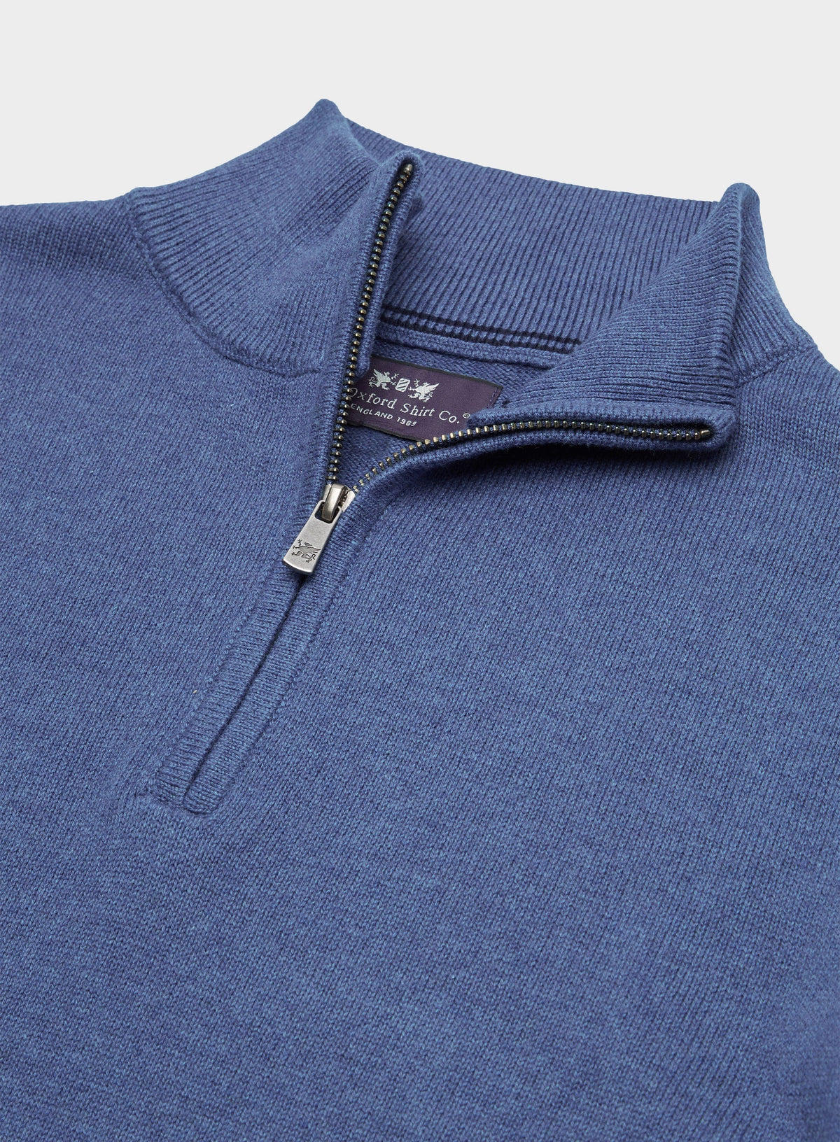 Men’s cotton cashmere quarter zip jumper in Denim.