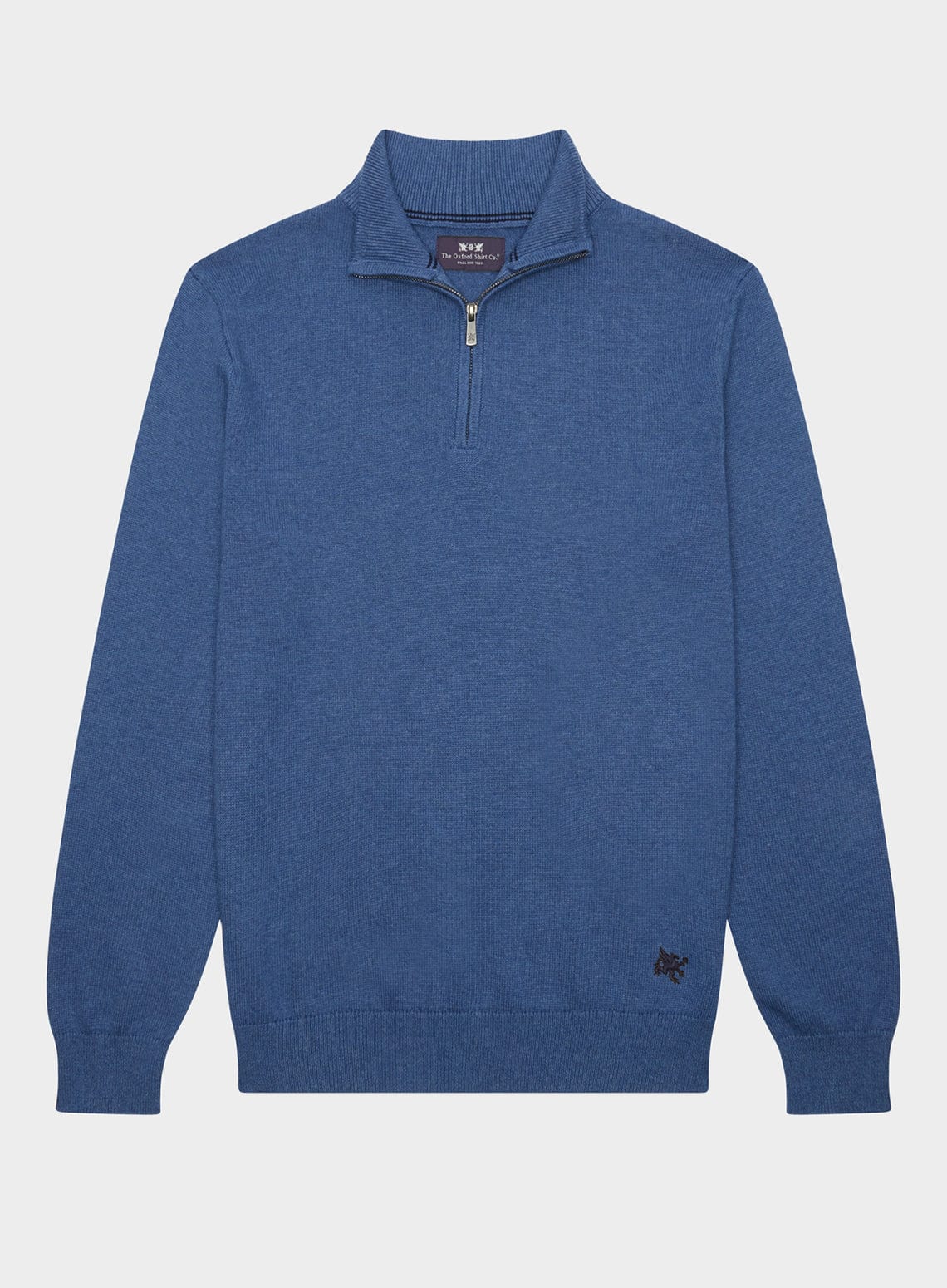 Men’s cotton cashmere quarter zip jumper in Denim.