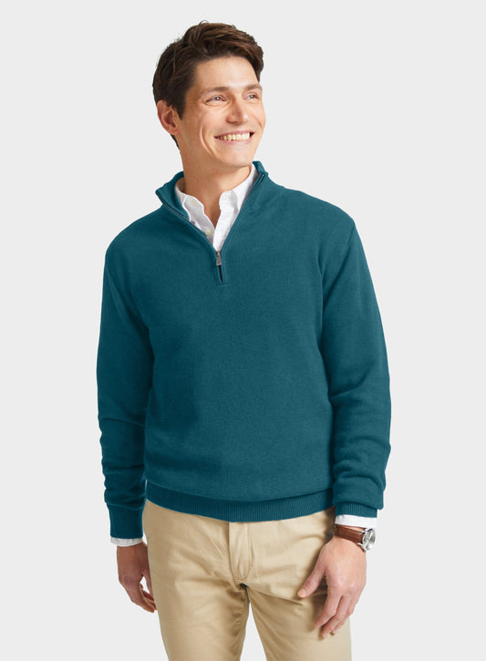 Men’s cotton cashmere quarter zip jumper in Green.