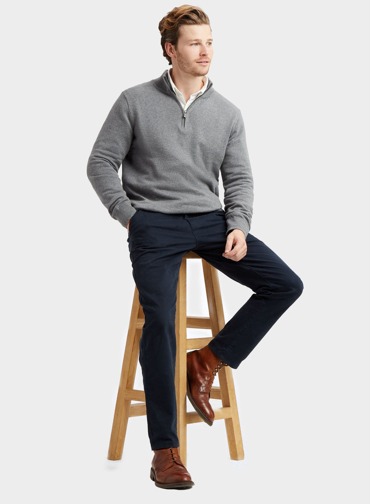 Men’s cotton cashmere quarter zip jumper in Grey.