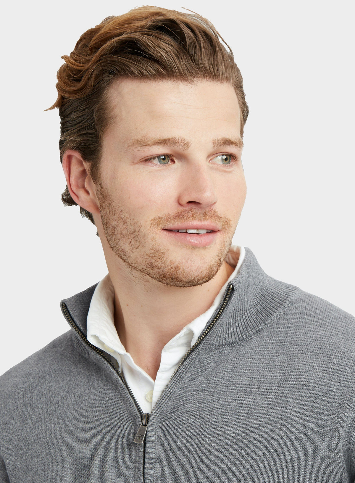 Men’s cotton cashmere quarter zip jumper in Grey.