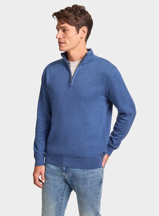 Men’s cotton cashmere quarter zip jumper in Harbour Blue.