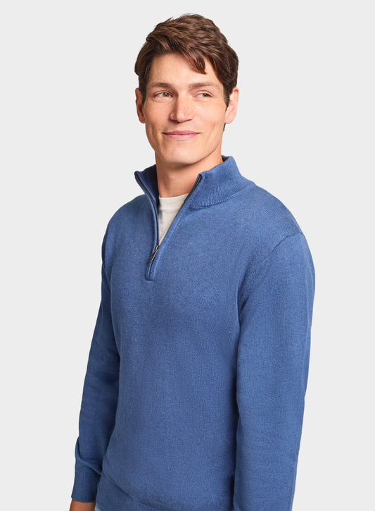 Men’s cotton cashmere quarter zip jumper in Harbour Blue.