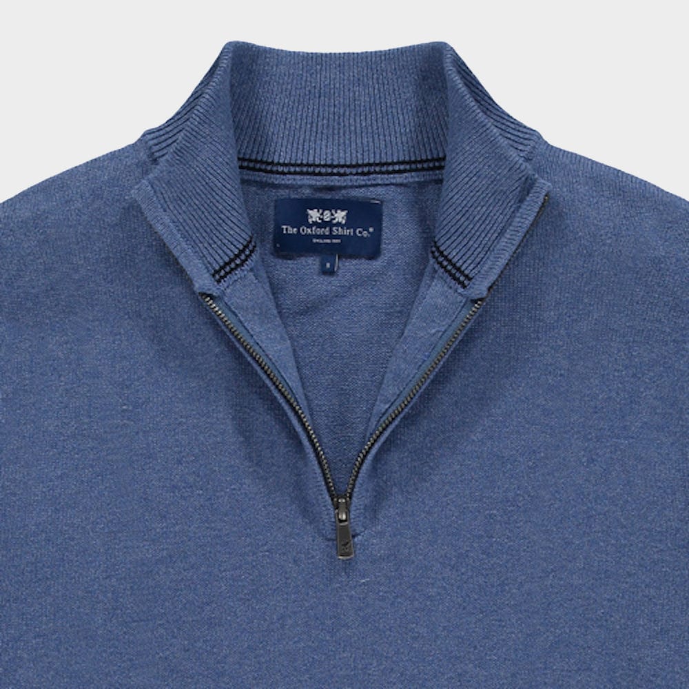 Men’s cotton cashmere quarter zip jumper in Harbour Blue.