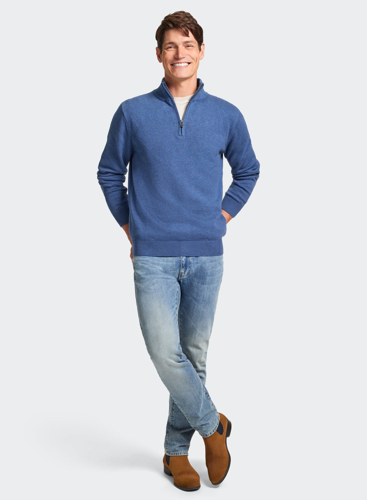 Men’s cotton cashmere quarter zip jumper in Harbour Blue.