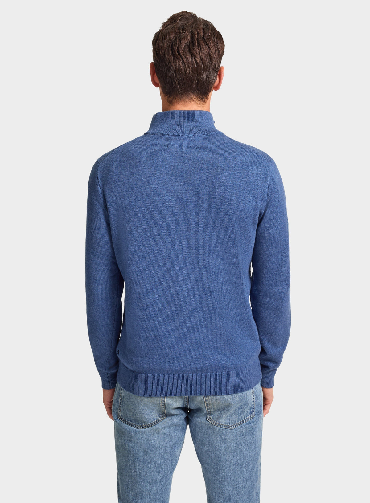 Men’s cotton cashmere quarter zip jumper in Harbour Blue.