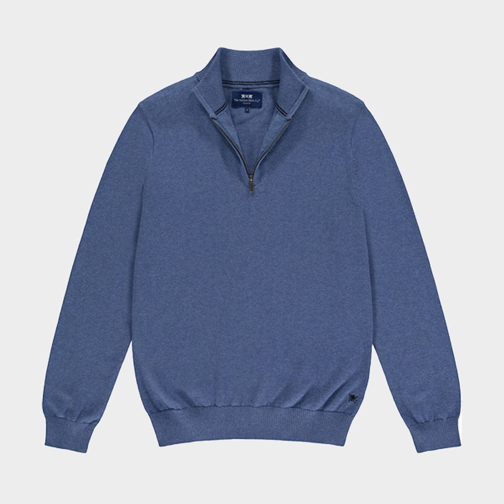 Men’s cotton cashmere quarter zip jumper in Harbour Blue.