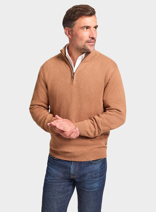 Men’s cotton cashmere quarter zip jumper in Light Brown.